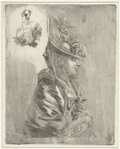 Studienblatt mit dem Porträt einer jungen Frau mit Hut und zwei kleineren Porträts von Louis Bernard Coclers