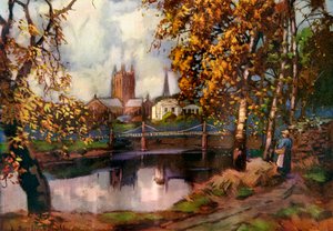 Kathedrale von Hereford, vom Flussspaziergang, Herefordshire, 1924-1926 von Louis Burleigh Bruhl
