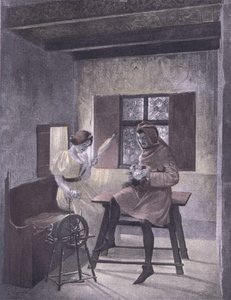 Simona beim Spinnen, Illustration aus Decameron von Boccaccio, veröffentlicht von Navarre Society in den 1930er Jahren