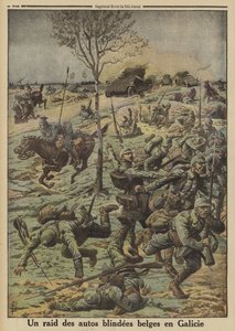 Belgische Panzerwagen im Dienst der russischen Armee von General Brusilov greifen deutsche Truppen in Galizien an, Erster Weltkrieg