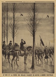 König Albert I. und Königin Elisabeth von Belgien inspizieren ihre neue Armee, Erster Weltkrieg von Louis Charles (after) Bombled