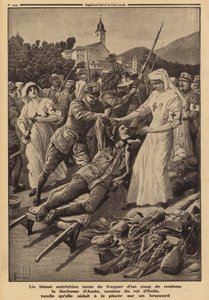 Verwundeter österreichischer Soldat versucht, die Herzogin von Aosta, Cousine von König Viktor Emanuel III. von Italien, die als freiwillige Krankenschwester arbeitet und ihm auf eine Trage helfen will, zu erstechen, Erster Weltkrieg