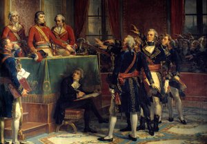 Die drei Konsuln: Bonaparte, Cambaceres und Lebrun empfangen die Eide der Präsidenten. Rechts Emmanuel-Joseph (Emmanuel Joseph) Sieyes (1748-1836) und Pierre-Roger (Pierre Roger) Ducos (Roger Ducos) (1747-1816). Gemälde von Louis Charles Auguste Coud von Louis Charles Auguste Couder