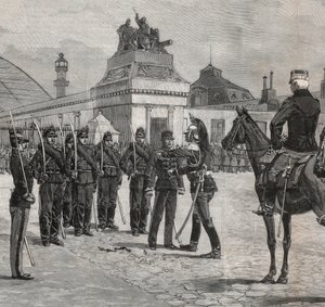 Degradierung von Alfred Dreyfus - Dreyfus-Affäre: Die Degradierung von Alfred Dreyfus im Hof der Militärschule Paris, 5. Januar 1895. Gravur in „Le monde illustré“ von 1895 - Zeichnung von Bombled