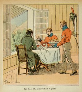 Illustration von Louis Bombled aus dem Buch „Das Memorial von Saint Helene“ von Graf Emmanuel de Las Cases: Abendessen zwischen Las Cases und dem Wachoffizier, Private Sammlung von Louis Charles Bombled