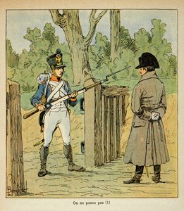Illustration von Louis Bombled aus dem Buch „Das Memorial von Saint Helene“ von Graf Emmanuel de Las Cases: Napoleon besucht bestimmte Posten am Vorabend einer Schlacht, aufgehalten von einer Wache, Private Sammlung von Louis Charles Bombled