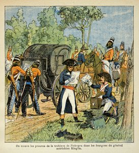 Illustration von Louis Bombled (1862-1927) aus dem Buch „Das Memorial von St. Helena“ von Graf Emmanuel de Las Cases (1766-1842): Während des Rheinübergangs entdeckt Moreau die Korrespondenz zwischen Pichegru und dem Prinzen von Condé von Louis Charles Bombled