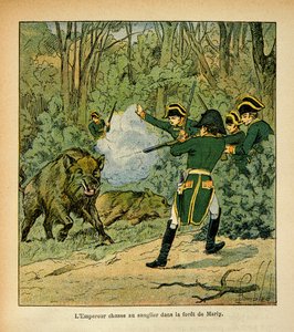 Illustration aus dem Buch „The Memorial of Saint Helene“ von Graf Emmanuel de Las Cases: Der Kaiser Napoleon jagt den Eber im Wald von Marly
