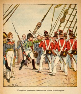 Kaiser Napoleon befiehlt die Übung der englischen Soldaten an Bord der Bellerophon, aus dem Buch „The Memorial of Saint Helene“ von Graf Emmanuel de Las Cases von Louis Charles Bombled