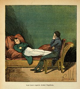 Illustration von Louis Bombled (1862-1927) aus dem Buch „Das Memorial von Saint Helena“ von Graf Emmanuel de Las Cases (1766-1842): Las Cases beobachtet Napoleon beim Schlafen, Privatbesitz von Louis Charles Bombled