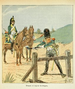 Illustration aus dem Buch „The Memorial of Saint Helene“ von Graf Emmanuel de Las Cases: Französische Armee: Dragoner und Dragoner-Pionier von Louis Charles Bombled