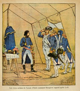 Illustration von Louis Bombled aus dem Buch „Das Memorial von Saint Helene“ von Graf Emmanuel de Las Cases: Die alten Soldaten der italienischen Armee ernannten Bonaparte nach der Schlacht von Lodi 1796 zum Korporal von Louis Charles Bombled