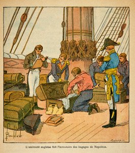 Illustration von Louis Bombled aus dem Buch „Das Memorial von Saint Helene“ von Graf Emmanuel de Las Cases: Die englische Admiralität macht ein Inventar des Gepäcks von Kaiser Napoleon vor seiner Abreise nach St. Helene 1815 von Louis Charles Bombled