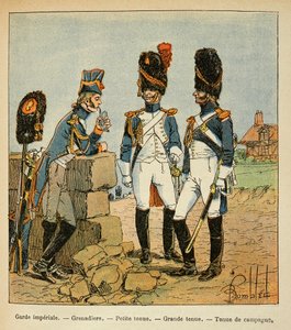 Illustration von Louis Bombled aus dem Buch „Das Memorial von Saint Helene“ von Graf Emmanuel de Las Cases: Grenadiere der kaiserlichen Garde: Kleine Uniform; große Uniform und Landuniform von Louis Charles Bombled