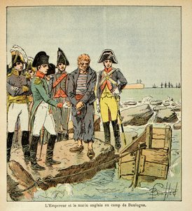 Illustration von Louis Bombled aus dem Buch „Das Memorial von Saint Helene“ von Graf Emmanuel de Las Cases: Ein englischer Matrose, der versucht, sein Land zu erreichen, wird vom Kaiser im Lager von Boulogne befreit von Louis Charles Bombled
