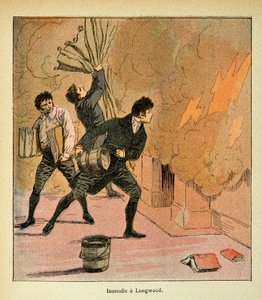 Illustration von Louis Bombled aus dem Buch „Das Memorial von Sainte Helene“ von Graf Emmanuel de Las Cases: Feuer in Longwood, Private Sammlung