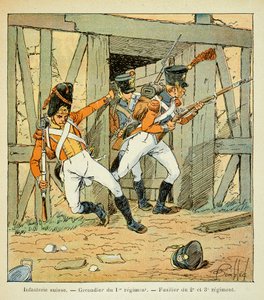 Illustration von Louis Bombled aus dem Buch „Das Memorial von Saint Helene“ von Graf Emmanuel de Las Cases: Schweizer Infanterie: Grenadier des 1. Regiments und Füsilier des 2., 3. und 3. Regiments, Private Sammlung von Louis Charles Bombled