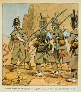 Illustration von Louis Bombled (1862-1927) aus dem Buch „Das Memorial von St. Helena“ von Graf Emmanuel de Las Cases (1766-1842): Englische Soldaten des 1. Regiments der Garde in einem Rastplatz (Spanien 1814) von Louis Charles Bombled