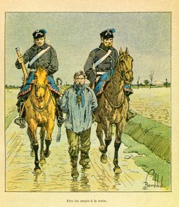 Die Armee des Ostens von Eugene Sergeant, genannt Grenest, illustriert von Louis Bombled (1862-1927) (Französisch-Deutscher Krieg; Feldzug von 1870-1871): Franc-Schütze nahm die Waffen in die Hand und wurde verhaftet, Sammlung von Louis Charles Bombled