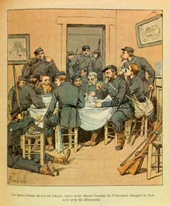 Die östliche Armee von Eugene Sergeant, genannt Grenest, illustriert von Louis Bombled (1862-1927) (Französisch-Deutscher Krieg; Feldzug von 1870-1871): Die Freischützen von Oberst Lhoste, nach der Vertreibung der Preußen aus Chanceaux essen ihr Abendessen