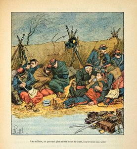 Die Armee der Loire von Eugene Sergent, genannt Grenest, illustriert von Louis Bombled (1862-1927) (Französisch-Deutscher Krieg; Feldzug von 1870-1871): Französische Soldaten während des Rückzugs im Winter 1870, Privatsammlung von Louis Charles Bombled