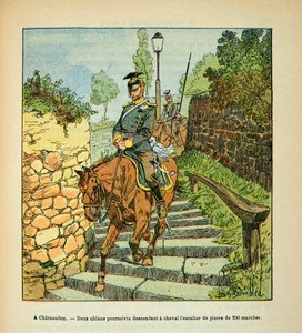Die Armee der Loire von Eugene Sergent, illustriert von Louis Bombled (Deutsch-Französischer Krieg; Feldzug von 1870-1871): In Chateaudun verfolgen zwei Ulanen zu Pferd die 200-stufige Steintreppe hinunter, Teilsammlung von Louis Charles Bombled