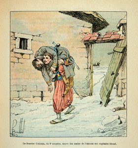 Die Armee der Loire von Eugene Sergent, illustriert von Louis Bombled (Deutsch-Französischer Krieg; Feldzug von 1870-1871): Der Colonna-Fasan der 2. Zuaven rettet seinen verwundeten Hauptmann während der Kämpfe von Poupry im Dezember 1870 vor dem Feind von Louis Charles Bombled