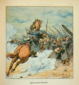 Die Armee der Loire von Eugene Sergent, illustriert von Louis Bombled (Deutsch-Französischer Krieg; Feldzug von 1870-1871): Während der Kämpfe von Poupry im Dezember 1870, Tod des preußischen Oberst Kontski, Privatsammlung von Louis Charles Bombled