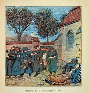 Die Armee der Loire von Eugene Sergent, genannt Grenest, illustriert von Louis Bombled (Französisch-Deutscher Krieg; Feldzug von 1870-1871): Die deutschen Verwundeten im Hof des Pfarrhauses von Lorcy während der Schlacht von Beaune La Rolande im November 1 von Louis Charles Bombled