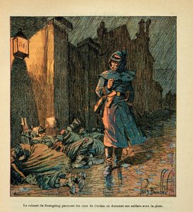 Die Armee der Loire von Eugene Sergent, genannt Grenest, illustriert von Louis Bombled (Französisch-Deutscher Krieg; Feldzug von 1870-1871): Oberst De Bourgoing durchquert die Straßen von Cerdon oder lässt seine Soldaten im Regen schlafen während des Rückz von Louis Charles Bombled