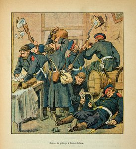 Die Armee der Loire von Eugene Sergent, dit Grenest, illustriert von Louis Bombled (Deutsch-Französischer Krieg; Feldzug von 1870-1871): Szene des Plünderns durch Preußen in Saint Calais am 25. Dezember