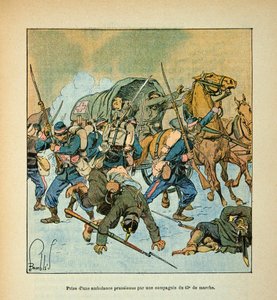 Die Armee der Loire von Eugene Sergent, dit Grenest, illustriert von Louis Bombled (Deutsch-Französischer Krieg; Feldzug von 1870-1871): Einnahme eines preußischen Krankenwagens durch eine Kompanie des 43. Marsches