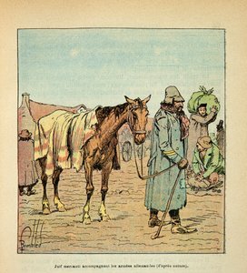 Die Armee der Loire von Eugene Sergent, dit Grenest, illustriert von Louis Bombled (Deutsch-Französischer Krieg; Feldzug von 1870-1871): Mercanti-Jude begleitet deutsche Truppen während des Krieges von 1870