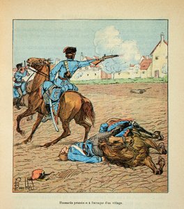 Die Armee der Loire von Eugene Sergent, dit Grenest, illustriert von Louis Bombled (Deutsch-Französischer Krieg; Feldzug von 1870-1871): Preußische Husaren griffen im Oktober 1870 ein Dorf an von Louis Charles Bombled