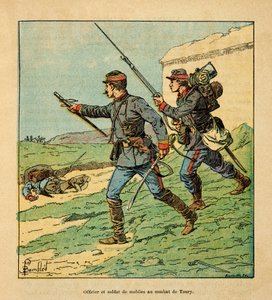 Die Armee der Loire von Eugene Sergent, genannt Grenest, illustriert von Louis Bombled (1862-1927) (Deutsch-Französischer Krieg; Feldzug von 1870-1871): Offizier und Mobiler des Cher in der Schlacht von Toury (Eure-et-Loire) am 5. Oktober 1870, Privatbesit