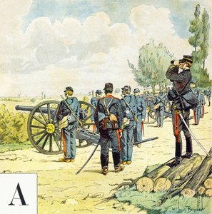 Buchstabe A: Kanoniere, "Je serai soldat" - Militäralphabet von Louis Charles Bombled