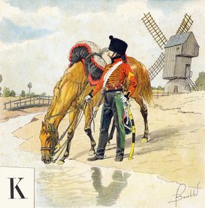 Buchstabe K: Kolbach, Hut der französischen Reiter des ersten und zweiten Kaiserreichs, "Je serai soldat" - Militäralphabet von Louis Charles Bombled