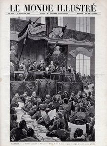 Rede von August Bebel (1840-1913) während des Sozialistenkongresses in Breslau in Deutschland im Jahr 1895 - Gravur in „Die illustrierte Welt“ von 1895 - Zeichnung von Bombled. von Louis Charles Bombled
