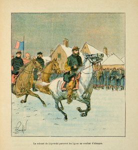 Die Armee der Loire von Eugene Sergent, genannt Grenest, illustriert von Louis Bombled (Französisch-Deutscher Krieg; Feldzug von 1870-1871): Oberst Lipowski bereist die Schlachtlinien von Alencon im Januar 1871 von Louis Charles Bombled