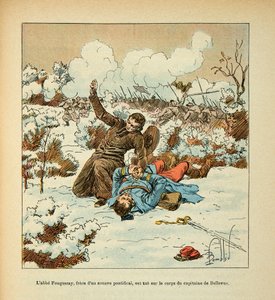 Die Armee der Loire von Eugene Sergent, genannt Grenest, illustriert von Louis Bombled (Französisch-Deutscher Krieg; Feldzug von 1870-1871): Abbe Fouqueray, Bruder eines Päpstlichen Zuaven, wird auf dem Körper von Hauptmann Bellevue getötet von Louis Charles Bombled