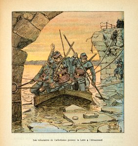 Die Armee der Loire von Eugene Sergent, genannt Grenest, illustriert von Louis Bombled (Französisch-Deutscher Krieg; Feldzug von 1870-1871): General Cathelineau, Kommandant der französisch-deutschen Schützen von Vendee, überquerte die Loire nach Chateauneu