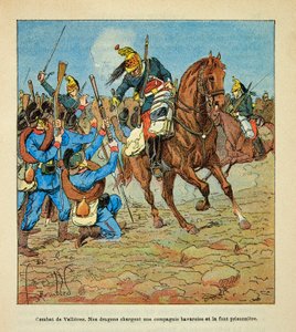 Die Armee der Loire von Eugene Sergent, bekannt als Grenest, illustriert von Louis Bombled (Deutsch-Französischer Krieg; Feldzug von 1870-1871): Schlacht von Vallieres im November 1870, französische Dragoner greifen eine bayerische Kompanie an und nehmen s