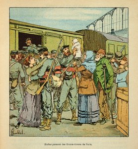 Die Armee der Loire von Eugene Sergent, bekannt als Grenest, illustriert von Louis Bombled (Deutsch-Französischer Krieg; Feldzug von 1870-1871): Einschiffung des Bataillons der Francs-Shoirers von Paris nach Chateaudun im Oktober 1870 von Louis Charles Bombled