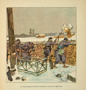 Die Armee der Loire von Eugene Sergent, genannt Grenest, illustriert von Louis Bombled (Französisch-Deutscher Krieg; Feldzug von 1870-1871): Die französischen Schützen von Paris verteidigen den Friedhof von Montsort (Alencon) im Januar 1871 von Louis Charles Bombled
