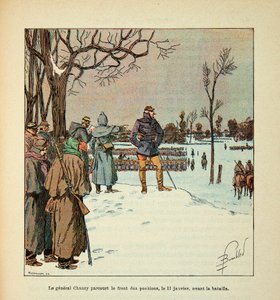 Die Armee der Loire von Eugene Sergent, genannt Grenest, illustriert von Louis Bombled (1862-1927) (Deutsch-Französischer Krieg; Feldzug von 1870-1871): General Chanzy inspiziert die Front der Stellungen am 11. Januar vor der Schlacht, Privatbesitz