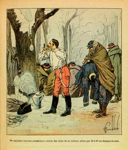 Die östliche Armee von Eugene Sergeant, genannt Grenest, illustriert von Louis Bombled (1862-1927) (Französisch-Deutscher Krieg; Feldzug von 1870-1871): Hauptmann Gaucher gibt selbst im tiefsten Winter keine seiner Pflichten auf, Privatsammlung von Louis Charles Bombled