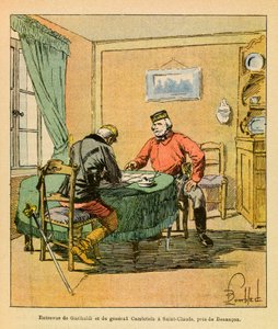 Die Armee des Ostens von Eugene Sergeant, illustriert von Louis Bombled: Interview von Garibaldi und General Cambriels in Saint Claude bei Besancon im Oktober 1870, Private Sammlung von Louis Charles Bombled