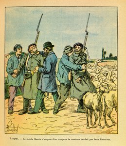 Die östliche Armee von Eugene Sergeant, genannt Grenest, illustriert von Louis Bombled (1862-1927) (Deutsch-Französischer Krieg; Feldzug von 1870-1871): Der Martin-Mobil, als Bauer verkleidet, ergriff eine Schafherde, die von zwei Preußen nach Langres gefü von Louis Charles Bombled