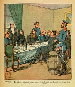 Die Ostarmee von Eugene Sergeant, genannt Grenest, illustriert von Louis Bombled (1862-1927) (Deutsch-Französischer Krieg; Feldzug von 1870-1871): In Rougemont wurden den deutschen Offizieren vor dem Verlassen von der Hausherrin, bei der sie untergebracht 
