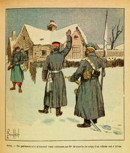 Die Armee des Ostens von Eugene Sergeant, dit Grenest, illustriert von Louis Bombled (Deutsch-Französischer Krieg; Feldzug von 1870-1871): Januar 1871 - Arcey, ein deutscher Parlamentarier kommt, um beim 60. Marsch den Körper eines in Aibre getöteten Off von Louis Charles Bombled
